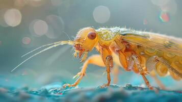 a close up of a yellow insect on a blue surface photo