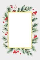 Christmas frame with watercolor fir branches, berries, snowflakes and place for text. New year poster vector
