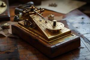 Antique tide predicting machine sitting on desk with nautical charts photo