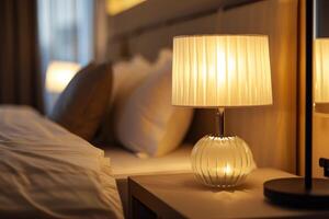 Interior of a bedroom with a lamp turned on by the bed photo