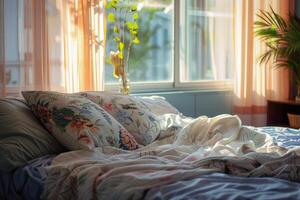 Sun shining through window onto unmade bed with floral patterned sheets photo