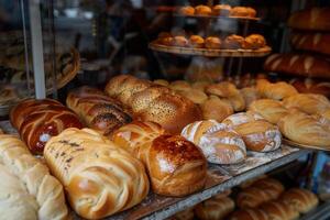 Fresh baked breads are cooling on a shelf in a bakery display case photo