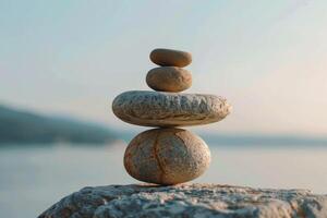 Stack of rounded zen stones balancing by the water at sunset photo