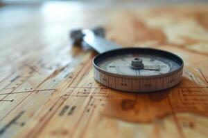 Compass lying on a nautical chart showing course for sea navigation photo