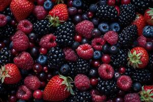 Freshly picked blackberries, raspberries and strawberries creating delicious background photo