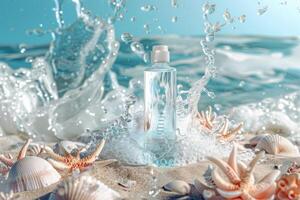 Transparent bottle of micellar water splashing on the beach with seashells photo