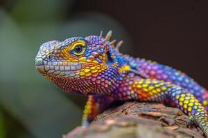 Colorful lizard resting on a tree branch in the jungle photo