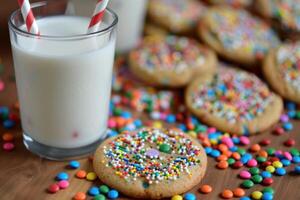 Enjoying a glass of milk with funfetti cookies and colorful candies photo