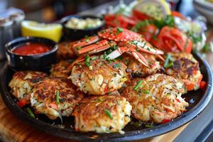 Close up of gourmet crab cakes being served on a plate with sides photo