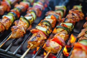 Chicken shish kebabs grilling over flames on a barbecue photo