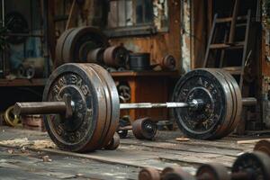 Rusty barbell resting on wooden floor in abandoned gym photo