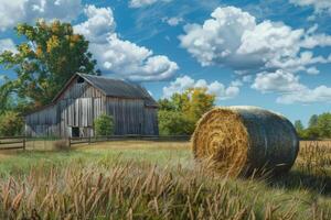 Hay bale sitting in a field with an old barn and autumn trees in the background photo