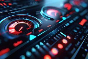 Futuristic interface showing speedometer and buttons glowing red and blue photo