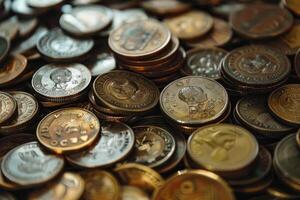 Large pile of old coins featuring portraits of world leaders photo
