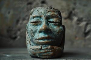 Ancient stone head sculpture resting its chin on folded hands photo
