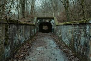 Dark tunnel leading to an unknown destination under a bridge in the woods photo