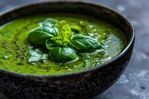 Delicious green soup with fresh basil and black pepper being served in rustic bowl photo