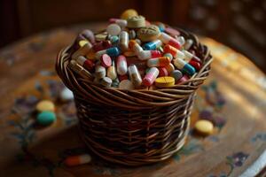 Wicker basket overflowing with colorful pills on table photo