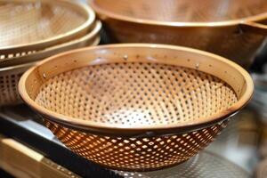 Empty round wicker basket with square pattern sitting on shelf photo