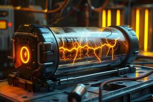 Futuristic container generating powerful electrical current in laboratory photo