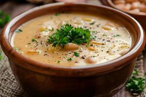 Steaming bean soup garnished with parsley in rustic brown bowl photo