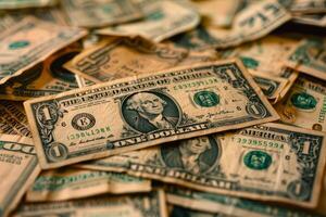 Pile of one dollar bills forming a background image photo