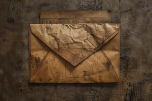Old paper envelope resting on a worn desk photo