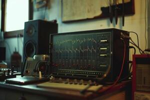 Sound engineer working with analog audio equipment showing sound wave form photo