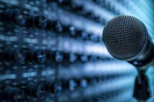 Professional condenser microphone standing in front of a recording mixer photo