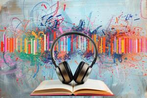 Audiobook experience, wireless headphones resting on open hardcover book with colorful graffiti background photo