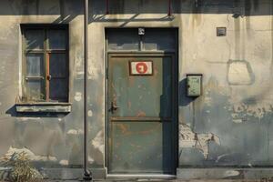 Old industrial building facade showing signs of aging and decay photo