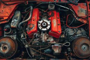 Old rusty car engine showing mechanical decay photo