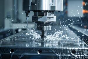 Cnc milling machine creating metal detail using water cooling system photo