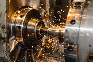 Metalworking cnc milling machine creating sparks when cutting steel metalwork photo