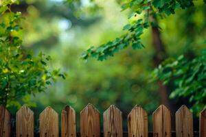 Wooden fence separating yard from lush green forest photo