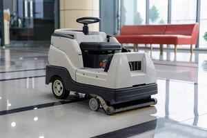 Floor scrubber machine cleaning floor in modern building photo