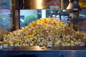 Popcorn machine overflowing with freshly made buttery popcorn photo