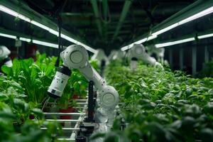 Robotic arms working on plants in a vertical farm photo