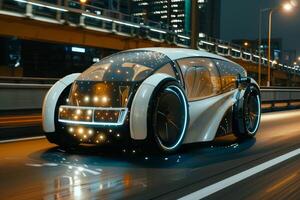 Autonomous electric car driving on the highway in the city at night photo