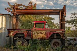 Rusty old red pickup truck sitting under a gantry crane photo