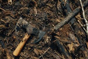 Double bit axe lying on ground covered with dirt and wood chips photo