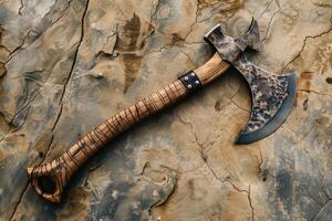 Handcrafted axe resting on a textured stone surface photo