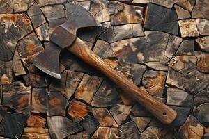 Double bit axe resting on stacked firewood photo