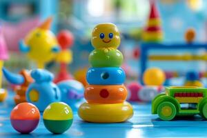 Colorful stacking toy smiling on floor with other toys blurred in background photo