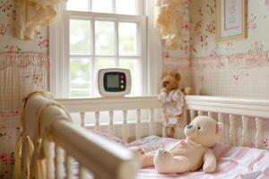 Baby monitor sitting on window ledge of empty crib in bright floral nursery photo
