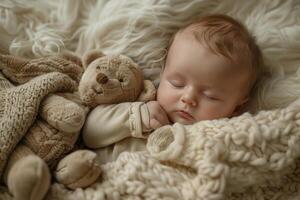 Adorable baby sleeping peacefully with teddy bear on soft blanket photo