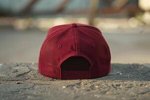 Maroon baseball cap lying on concrete surface back view photo