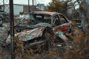 Abandoned car rusting away in junkyard behind fence photo