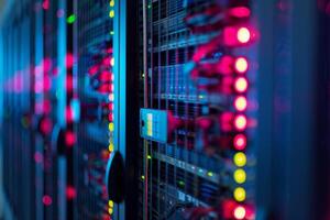 Modern data center with rows of working server racks and blinking led lights photo