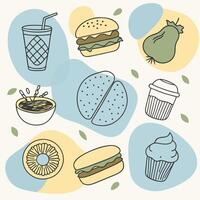 A set of food icons including a hamburger, a cup of coffee, a donut and vector